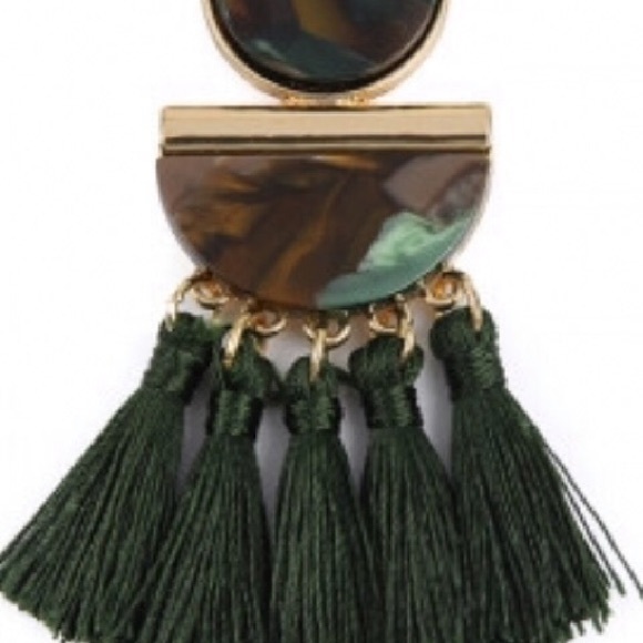 TURQUOISE GREEN TASSEL GOLD &BLACK RESIN EARRINGS - Picture 2 of 3